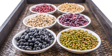 Black eye peas mung bean adzuki beans soy beans black beans and red kidney beans in white bowl on...
