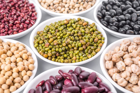 Black eye peas mung bean adzuki beans chickpeas soy beans black beans and red kidney beans in white...
