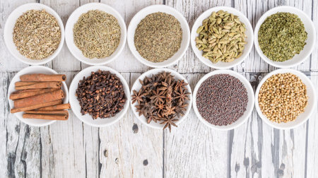 Cardamom, star anise, cinnamon, clove, coriander seed spices and parsley, thyme, rosemary herbs in...
