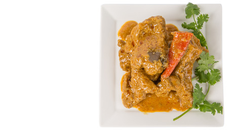 Lamb curry on a white plate over white backgroundの写真素材