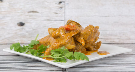 Lamb curry on a white plate over white backgroundの写真素材