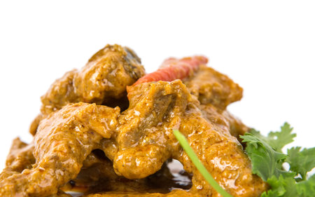 Lamb curry on a white plate over white backgroundの写真素材