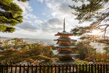 Red pagoda with Mount Fuji in the background in autumnのeditorial素材