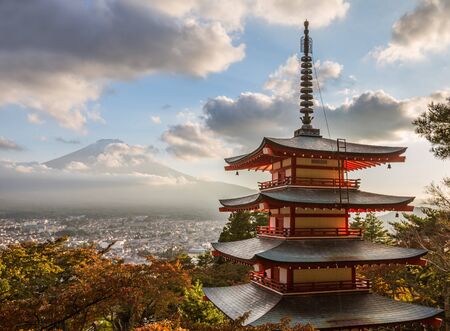 Red pagoda with Mount Fuji in the background in autumnのeditorial素材