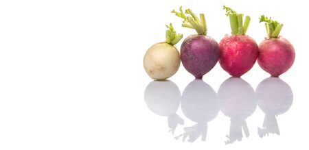 Pink, red, dark red, purple, and white radish vegetable over white backgroundの写真素材