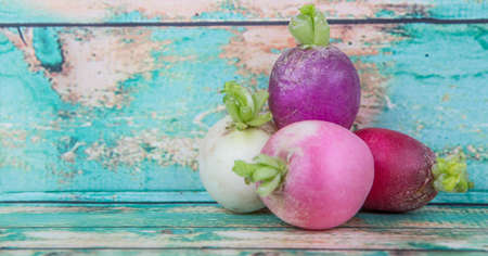 Pink, dark red, red, and purple radish over wooden backgroundの写真素材