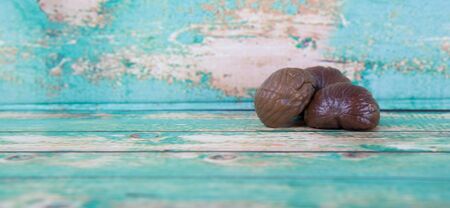 Roasted whole peeled chestnut over wooden backgroundの写真素材