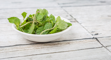 Fresh mint leaves in a white bowl over white backgroundの写真素材