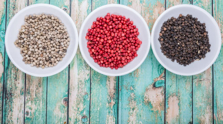 Black, pink and white peppercorn over wooden backgroundの写真素材