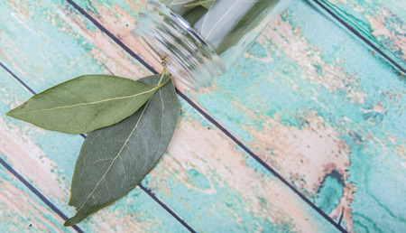 Dried laurel leaves over wooden backgroundの写真素材