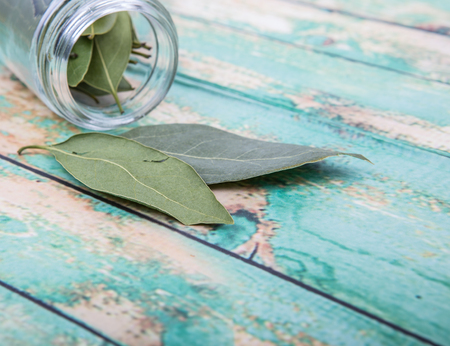 Dried laurel leaves over wooden backgroundの写真素材