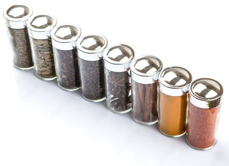 Variety of spices over white backgroundの写真素材