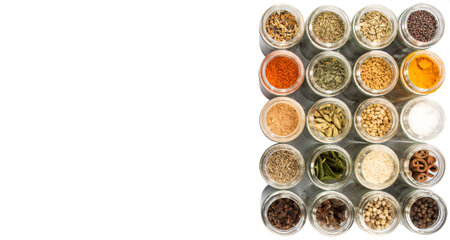 Dried spices and herbs variety over white backgroundの写真素材