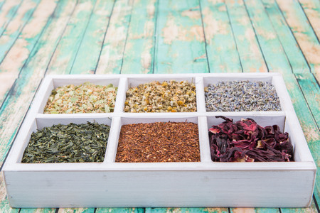Dried herbal tea leaves, lavender, rooibos, chamomile, linden flower, hibiscus, Japanese green white...