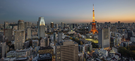 TOKYO, JAPAN - 6TH DECEMBER 2015. View of Tokyo Tower and surrounding Tokyo metropolitan areas at dusk.のeditorial素材