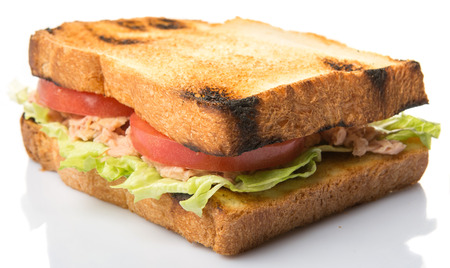 Toasted tuna sandwich with salad and tomato slices over white backgroundの写真素材
