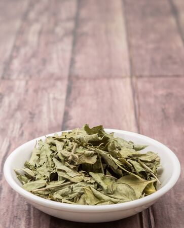 Dried curry leaves in white bowl over wooden backgroundの写真素材
