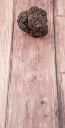 Black truffle mushroom over wooden backgroundの写真素材