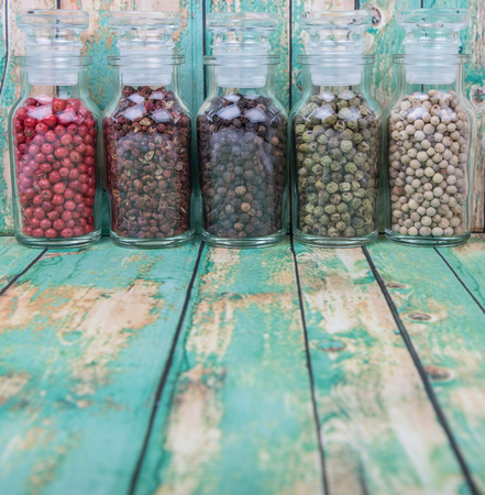 Szechuan peppercorns, green peppercorns, white peppercorns, black peppercorns and pink peppercorns...