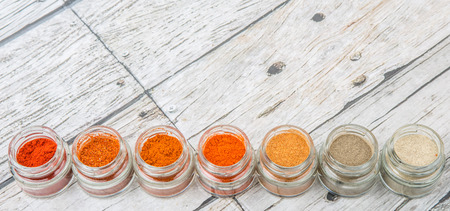 Hot and spicy spices powder, cayenne powder, chilly powder, peppercorn powder, paprika powder, black...