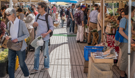 TOKYO, JAPAN - MAY 7TH, 2016. Weekly held local farmer's market at United Nations University, Tokyo, Japan.のeditorial素材