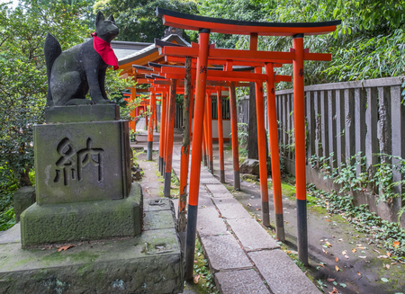 NEZU, TOKYO, JAPAN - 14TH MAY 2016. Orange wooden gates or Torii at Nezu Shinto Shrine. Toriis are donated by local companies to the shrine for good fortune.のeditorial素材