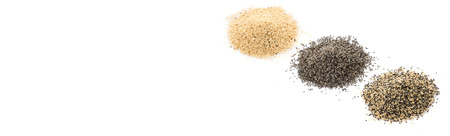 White poppy seed, black poppy seed and mix poppy seed over white backgroundの写真素材