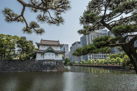 TOKYO, JAPAN - MAY 21ST, 2016. Imperial guard tower over the moat surrounding the Imperial Palace of Tokyo, Japanのeditorial素材