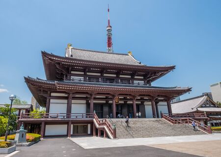 TOKYO, JAPAN - JUNE 2ND 2016. View of Tokyo Tower and Zojoji Temple. Tokyo Tower is a communications and observation tower located in Minato, Tokyo, Japan.のeditorial素材