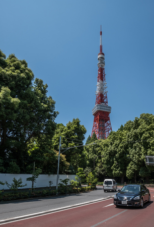 TOKYO, JAPAN - JUNE 2ND 2016. View of Tokyo Tower and Zojoji Temple. Tokyo Tower is a communications and observation tower located in Minato, Tokyo, Japan.のeditorial素材