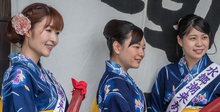 ITAKO, IBARAKI, JAPAN - JUNE 4TH 2016. Locals dress in in traditional costume during the annual Suigo Itako Iris Flower Festival.のeditorial素材