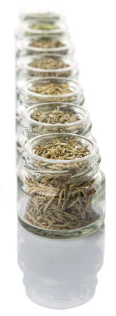 Dried parsley, estragon, marjoram, dill weed, thyme, rosemary and basil herbs in mason jar over white backgroundの写真素材