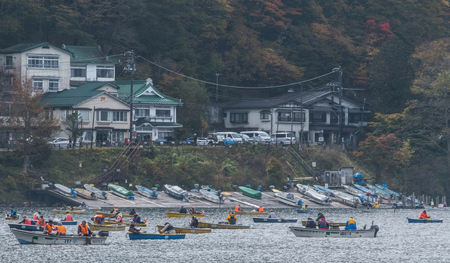 NIKKO, JAPAN - OCTOBER 23RD, 2016. Locals and tourist enjoying leisure boating activities at Lake Chuzenji. Nikko is the main tourist destination for locals and foreign tourist in Japanのeditorial素材