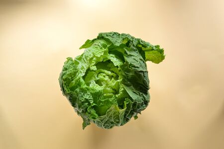 The food is minimal in style. Creative healthy food concept. Chinese cabbage on a yellow pastel background. Vegetarian food, vegetables. Top view, flat lay, free place for text.の写真素材