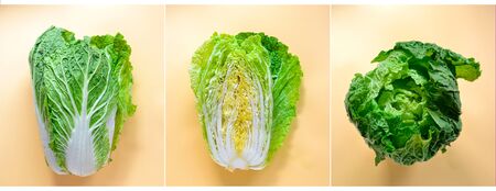 The food is minimal in style. Creative healthy food concept. Chinese cabbage on a yellow pastel background. Vegetarian food, vegetables. Top view, flat lay, free place for text. Collageの写真素材