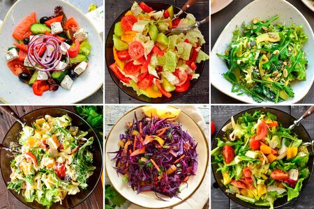 Collage of various summer vegetable salads. Vegetable salad close-up. Lattuk, tomatoes, cucumbers, avocados, ruccola. Top view. Delicious vegan foodの写真素材
