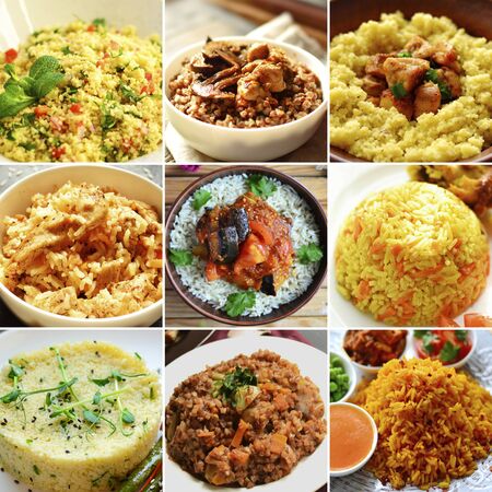 Collage of various food. Assortment of different cereals, rice, buckwheat, couscous. Delicious and vegan foodの写真素材
