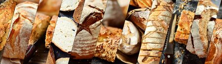 Assortment of bakery products. buckwheat, yeast-free bread. Delicious, crispy and beautiful bread. Food collage.の写真素材