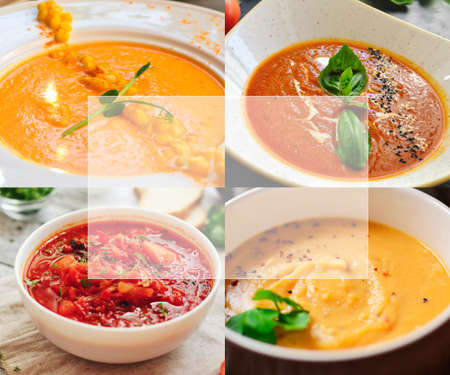 Collage of vegetable soups. Vegetarian food. A variety of cream soups.の写真素材