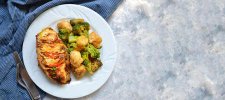Fried chicken fillet. Broccoli and cauliflower. Baked chicken breast. Chicken and tomato. Food in a...