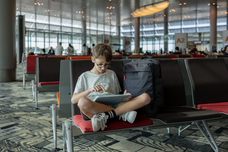 Boy sitting on a bunch with tablet in a lounge in the airport . High quality photoの写真素材