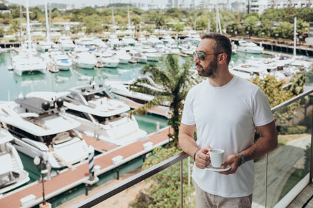 Handsome man in a white T-shirt standing on a balcony with coffee looking to Marina. High quality photoの写真素材