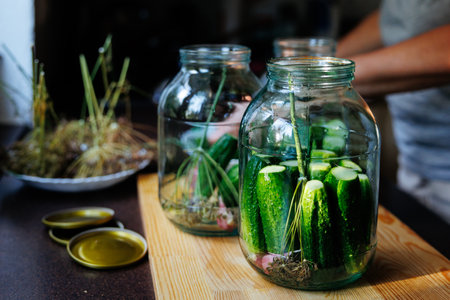Cucumbers with herbs and spices for pickling in glass jar. High quality photoの写真素材