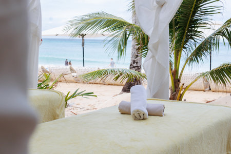 A tranquil beachfront massage setup features two massage tables under a canopy, surrounded by palm trees and the ocean in Boracay. Soft linens sway in the ocean breeze, creating a serene escape.の写真素材