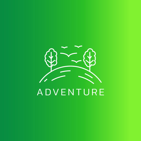 Hill landscape logo with trees and birds.のイラスト素材