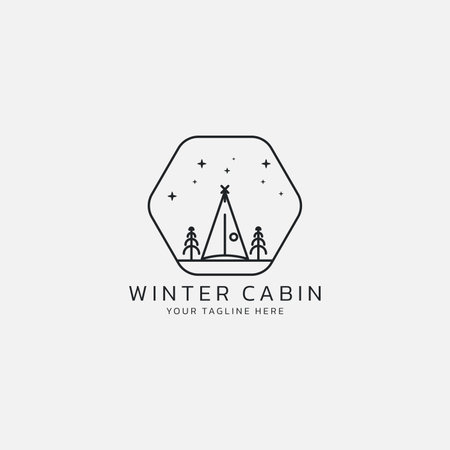 A hexagon logo containing a cabin with trees and snow.のイラスト素材