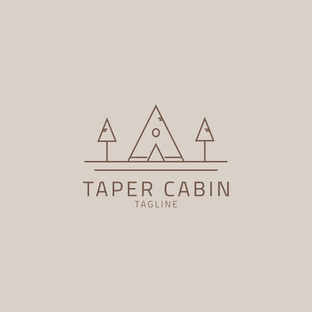 The cabin logo is in the form of a triangular tent with two trees beside it.のイラスト素材