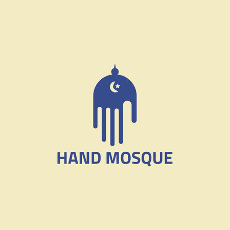 Blue hand logo with negative space of a mosque.のイラスト素材