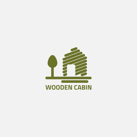 The cabin logo is made of wood and the tree next to it and it's green.のイラスト素材