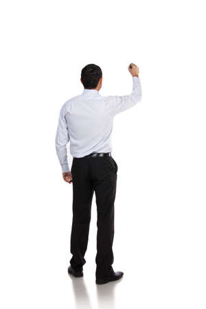 Business man writing with a marker - isolated over a white backgroundの写真素材